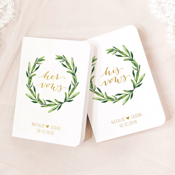 Vow Books Set di 2 / Her Vows His Vows / Greenery Wreath and Gold / Scelte di colore disponibili / Design: 003