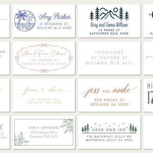May include: A collection of rectangular address stamps featuring various designs, including mountain landscapes, palm trees, celestial motifs, and floral borders, with personalised names and addresses printed in diverse fonts and ink colours.