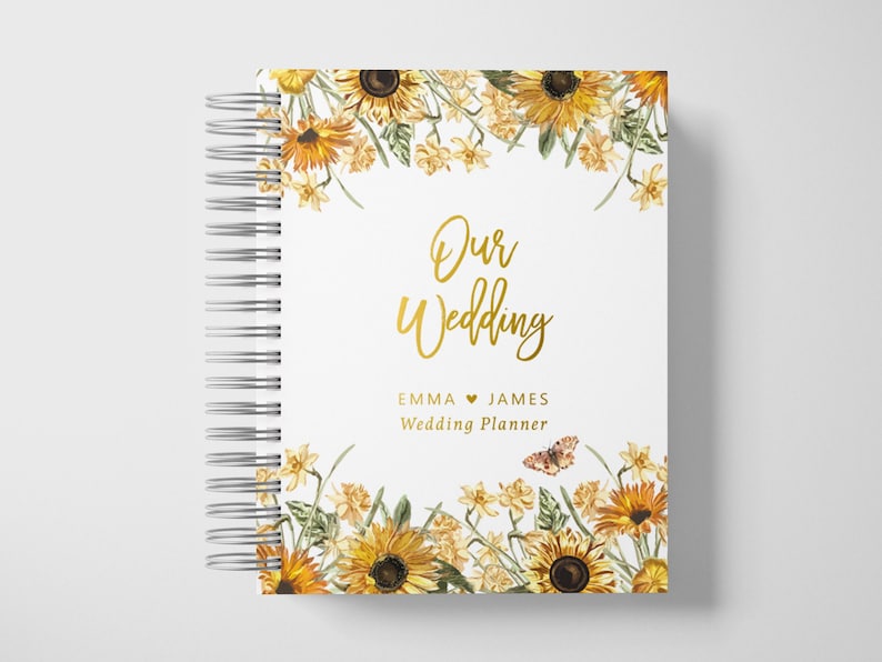 Wedding Planner Book Personalized Engagement Gifts Sunflowers and Gold Color Choices Available 6 x 9 inches Design: P041 image 1
