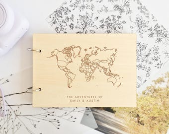 Personalized World Map Travel Scrapbook, Adventure Awaits Photo Album, Wooden Honeymoon Memory Book