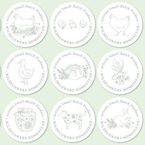 May include: A collection of circular white stickers featuring light grey line art illustrations of farm animals, produce, and homestead items. Each sticker includes the text Artisan Small-Batch Produce and WILDFLOWERS HOMESTEAD in a circular border.