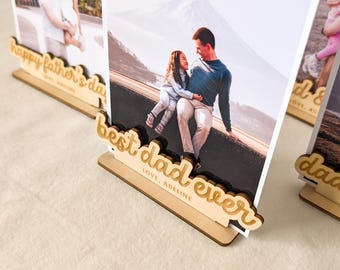 Personalized Photo Display Stand for Dad, Custom Father's Day Gift, Engraved Wood Keepsake
