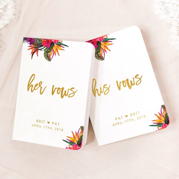 Vow Books Set of 2 | Her Vows His Vows | Tropical Flowers and Gold | Color Choices Available | Design: 020