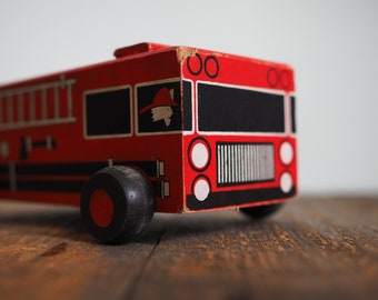 Vintage Wooden Fire Truck Toy, Collectible Decor