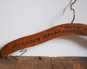 Vintage clothes hanger, wooden hanger, made in Poland, european vintage, old hanger, with polish lettering 'Ryszard Klosa, tailor master"