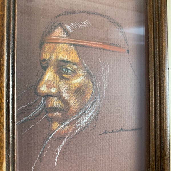 Vintage Original Native American Indian Charcoal & Chalk Drawing Signed