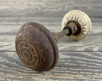 Antique Cast Iron Arts & Crafts Door Knob Set w/Plastic Knob Cover