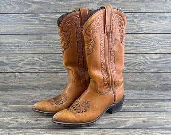 Vintage ACME Leather Tooled Cowboy Boots 5 1/2 C