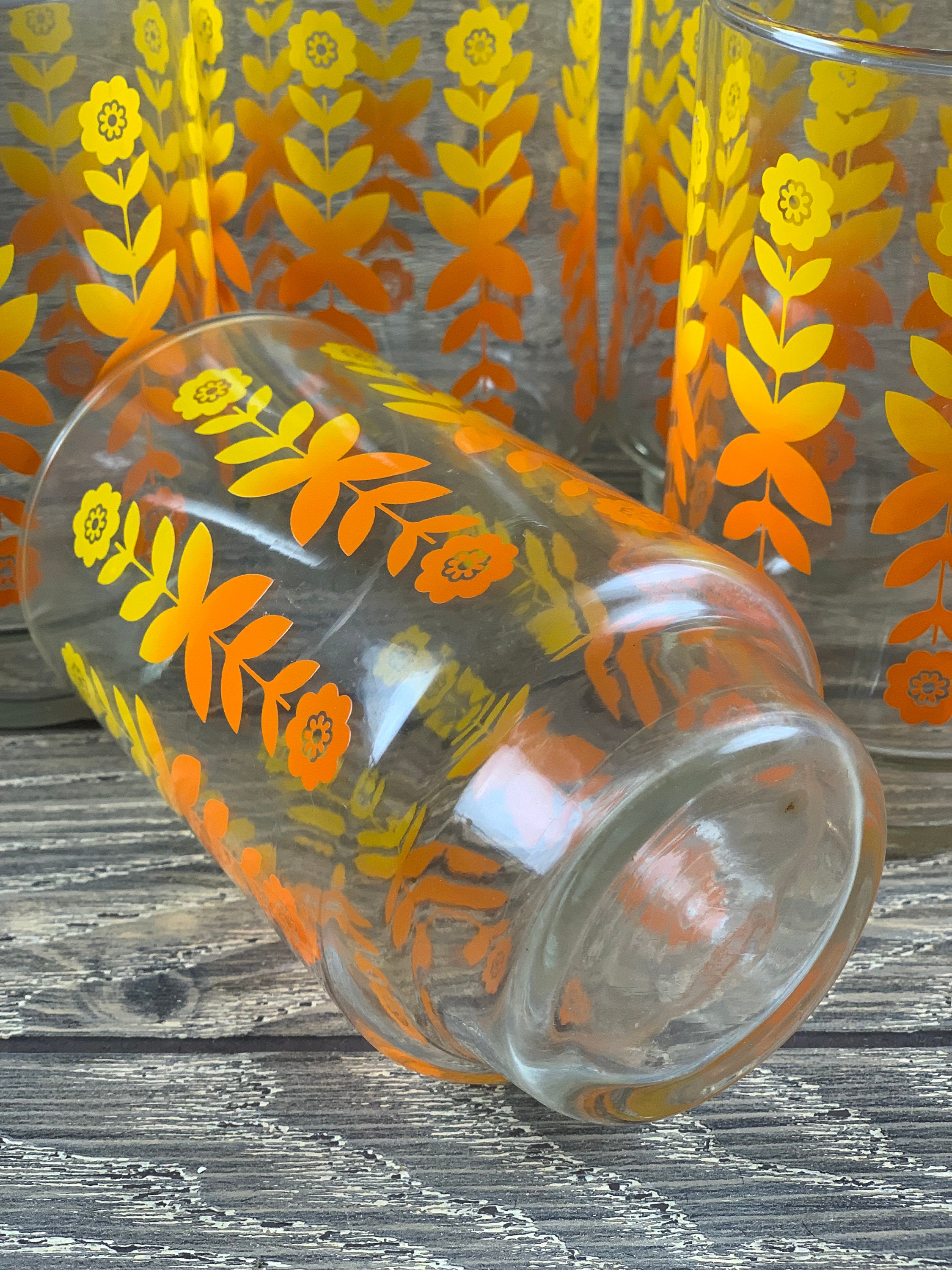 Small Orange Fruit and Daffodil Flower Clear Glass Vintage Juice