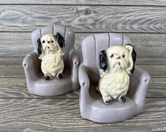 Chalkware Chair Bookends w/Sitting Pekinese Dogs
