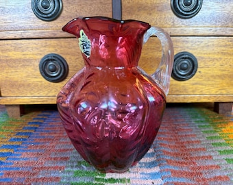 Fenton Cranberry Fern Optic Pitcher w/Applied Handle