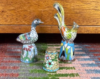 Cloisonné Thimbles Rooster Duck and Flowers Set of 3