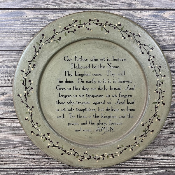 Vintage Barbara Lloyd Primitive Wood Berry Plate w/Lords Prayer