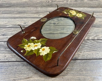 Hand Painted Floral Wood Shaving Mirror w/Towel Hanger & Hooks