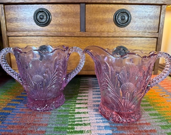 Mosser Glass Thistle Cranberry Ice Sugar & Creamer in Boxes