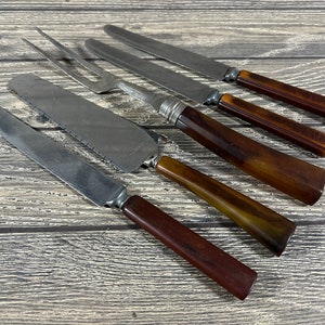 Carmel Swirl Bakelite Misc Utensils Zestaw 5 noży Widelec do serwowania Obcinacz do ciasta