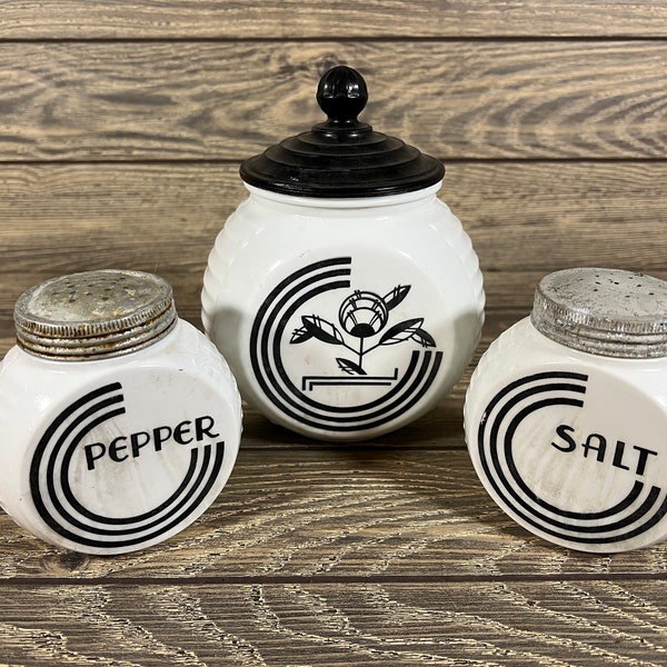 Anchor Hocking Vitrock Retro Circle Grease Jar & Salt Pepper Set Black White
