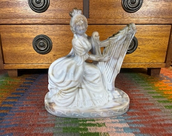 Vtg Southern Belle Harpist Olive Caramel Slag Milk Glass Lamp Base #2