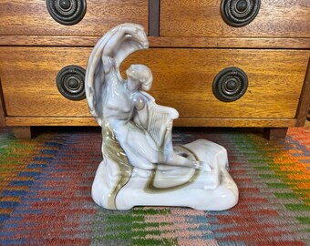 Vtg Art Deco Olive Caramel Slag Milk Glass Lamp Base Harp Nymph