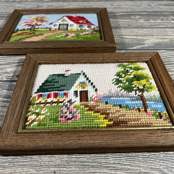 Pair of Framed Vintage Needlepoint Artwork Country Cottage