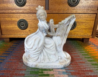 Vtg Southern Belle Harpist Olive Caramel Slag Milk Glass Lamp Base