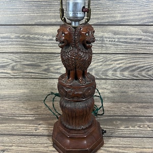 Wood Ashoka Pillar Lion Statue Table Lamp - Works