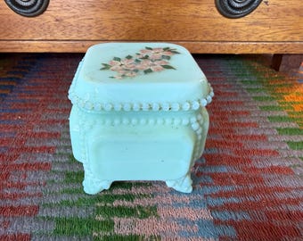 Westmoreland Glass Jadite Hand Painted Trinket Box