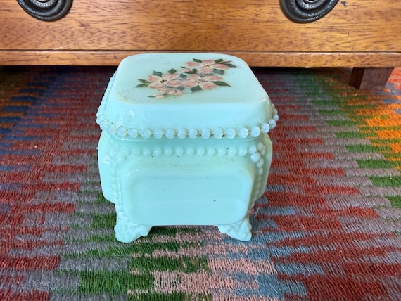 Westmoreland Glass Jadite Hand Painted Trinket Box