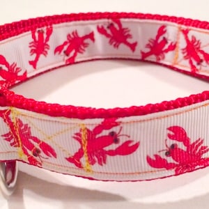 Peut inclure: Collier pour chien rouge et blanc orné de motifs de homards rouges. Il est doté d'une bordure rouge, d'une boucle en plastique noir et d'un anneau métallique argenté pour la laisse.