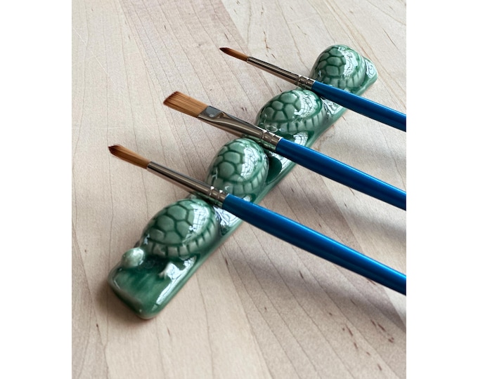 Handmade Ceramic Brush Rest; Turtles on a Log Design