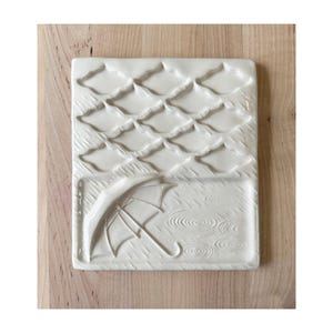Handmade Ceramic Paint Palette; Rainy Day with Umbrella Design