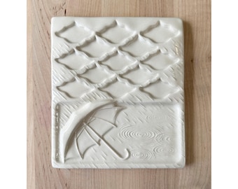 Handmade Ceramic Paint Palette; Rainy Day with Umbrella Design