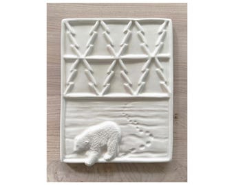 Handmade Ceramic Paint Palette: Polar Bear and Pine Trees Design