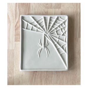 May include: A square, off-white ceramic dish with a raised spiderweb design and a spider. The spiderweb design covers the top right corner of the dish, with a spider hanging below. The dish is on a light wood surface.