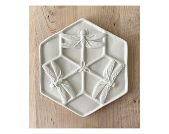 Handmade Ceramic Paint Palette: Three Dragonflies Design