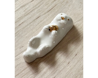 Handmade Ceramic Sea Otter Brush Rest; 22k Gold Detail