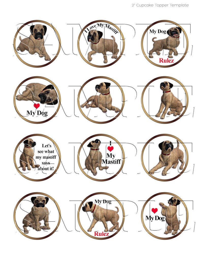 I Love My Mastiff 2 inch Cupcake Toppers or Favor Tags,Digital Download,DIY Printable,Instant Download