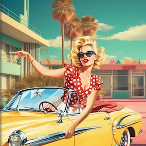 Retro Pin Up Girl In A Car | Vintage Summer Vibes | Retro Street Scene Art Print | Nostalgic 1960s Wall Art | Retro House Decor