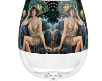 Taça de vinho de 355 ml com ilustração Art Déco das melindrosas dos anos 1920.