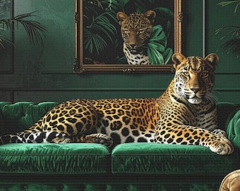 Art Deco Leopard on Emerald Velvet Sofa Canvas Wall Art Luxury Animal Decor Vintage Glam Gift