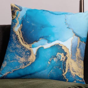 Marble Throw Pillow, Blue with Gold Marble Accent Couch Pillow, Soft Cushion, Modern Home Decor, Cozy Gift for Her, Decorative Throw Pillow