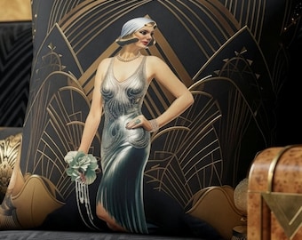 Art Deco Flapper Girl Pillow | Square Decorative Throw Pillow