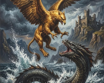 Griffin Vs Sea Serpent Canvas Wall Art Griffin Decor Mythological Art Print Fantasy Battle Sea Monster Medieval Legend Ocean Battle