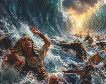 Pharaoh Army Drowning Canvas Red Sea Miracle Biblical Wall Art Exodus Moses Parting Sea Religious Decor Matte Stretched Canvas
