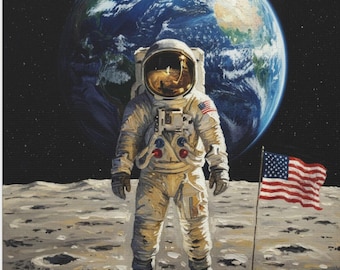 Astronaut on Moon Canvas Wall Art Space Exploration Decor Lunar Artwork Historical Space Art Matte Stretched Canvas Astronaut Gift