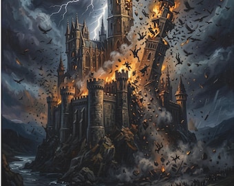 The Tower Tarot Canvas Wall Art Burning Gothic Castle Halloween Decor Dark Fantasy Gothic Medieval Castle Fire Matte Stretched Wall Art