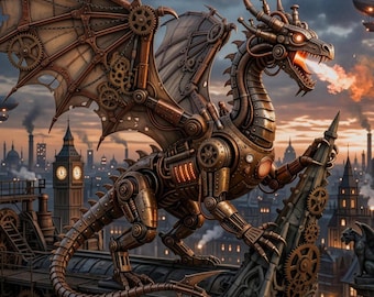 Steampunk Dragon Wall Art Mechanical Dragon Cityscape Acrylic Panel Industrial Fantasy Decor Dragon Artwork Gothic Home Accent
