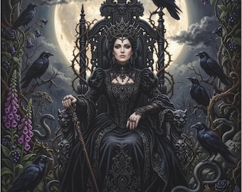 The Empress of Shadows Tarot Wall Art Gothic Moon Queen Halloween Canvas Dark Fantasy Throne Occult Decor Matte Stretched Canvas Tarot Art