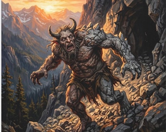 Troll Illustration Wall Art Mountain Troll Turns to Stone Canvas Sunrise Fantasy Troll Cave Dark Fantasy Mythical Creature Folklore Art