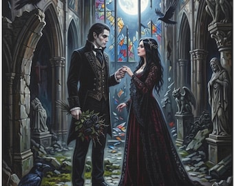 The Lovers Tarot Wall Art Gothic Romance Vampire Couple Canvas Forbidden Love Dark Fantasy Halloween Decor Matte Stretched Canvas Tarot Art